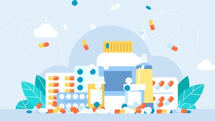 Wall Mural - Many different tablets and capsules fall from top to bottom. Pharmacy, medicines. Pills, capsule blisters, bottles of liquid medicine, and plastic tubes. Ointment, cream. Various meds. 2d animation	