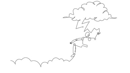 Aufkleber - Animated self drawing of continuous line draw robot struck by lightning from cloud. Bad luck, misery, disaster. Robotic artificial intelligence. Technology industry. Full length one line animation