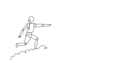 Poster - Animated self drawing of continuous line draw robot riding cloud on sky, pointing forward, go future innovation. Robotic artificial intelligence. Electronic technology. Full length one line animation