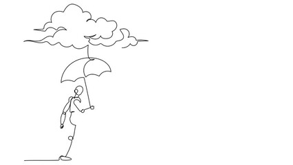 Poster - Animated self drawing of continuous one line draw robot walking with umbrella under rain cloud. Failed in business. Humanoid cybernetic organism. Robotic development. Full length single line animation