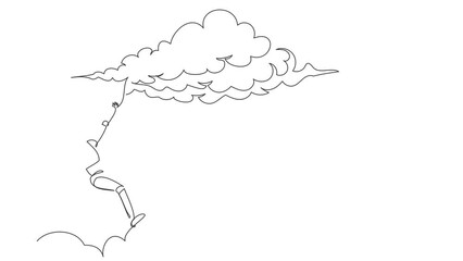 Poster - Animated self drawing of continuous line draw robot falling from cloud sky. Loses business or job. Robotic artificial intelligence. Electronic technology industry. Full length one line animation