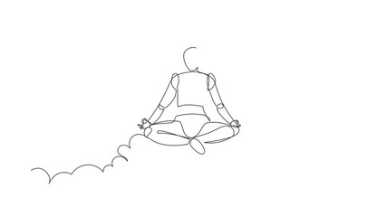 Poster - Animated self drawing of continuous line draw robot meditates resting in yoga position on clouds. Modern robotic artificial intelligence. Electronic technology industry. Full length one line animation