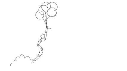 Poster - Self drawing animation of single one line draw robot flying with balloon through cloud. Reaches target, find solution. Future technology. Artificial intelligence. Continuous line. Full length animated