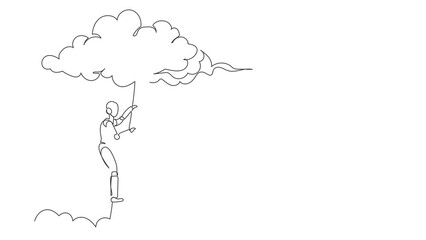 Poster - Animated self drawing of continuous line draw robot climbing up ladder to cloud. Career path growth. Robotic artificial intelligence. Electronic technology industry. Full length one line animation