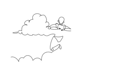 Poster - Animated self drawing of continuous line draw robot hang in clouds. Hoping for success, winning business project. Humanoid robot cybernetic organism. Future robotic. Full length single line animation