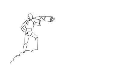 Poster - Self drawing animation of single one line draw robot on cloud holding binocular to search for innovation. Future technology development. Artificial intelligence. Continuous line. Full length animated