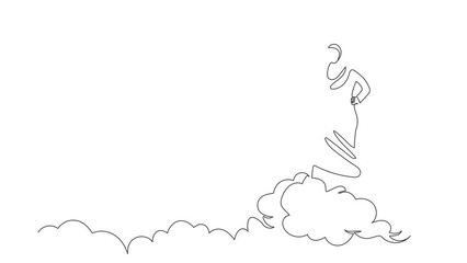 Poster - Self drawing animation of single line draw Arabian businesswoman on top cloud holding binocular to search for business. Leadership to see company strategy. Continuous line draw. Full length animated