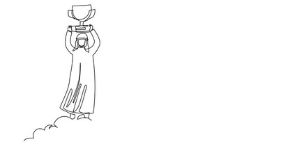 Poster - animated self drawing of continuous line draw arabian businessman holding trophy in cloud. office wo