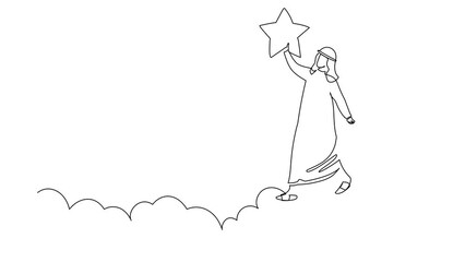 Poster - Self drawing animation of single line draw Arabian businessman reaching star on sky. Business champion to get reward, winning employee, career path, dream. Continuous line draw. Full length animated