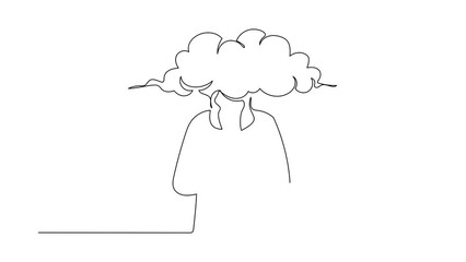 Poster - Self drawing animation of single line draw Arab businessman with empty head cloud instead. Distracted, daydreaming, absent, impractical. Thinking about idea. Continuous line draw. Full length animated