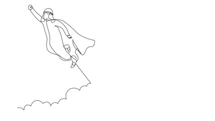 Poster - Animated self drawing of continuous line draw super Arab businessman flying up to the cloud sky. Worker in cloak takes off. Power, uniqueness, start-up business idea. Full length one line animation