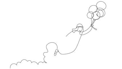 Poster - Animated self drawing of continuous line draw success Arabian businessman flying with balloon. Happy office worker achieve financial independence. Business metaphor. Full length single line animation