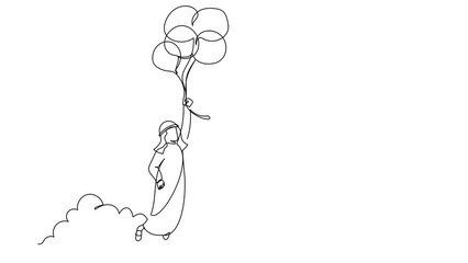 Poster - Animated self drawing of continuous line draw Arabian businessman flying with balloon through cloud. Employee reaches goal, target, find solution. Financial freedom. Full length one line animation