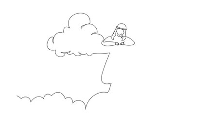 Poster - Animated self drawing of continuous line draw relaxing Arab businessman hang in clouds. Hoping for success, financial freedom, winning business project, achievement. Full length single line animation
