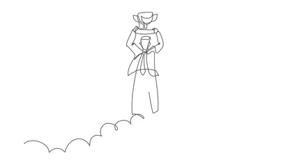 Poster - self drawing animation of single line draw businessman holding trophy in cloud. manager celebrates v