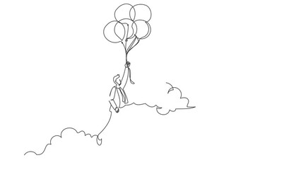 Poster - Self drawing animation of single line draw businessman floating and holding flying balloon through cloud. Office worker reaches goal, target, find solution. Continuous line draw. Full length animated