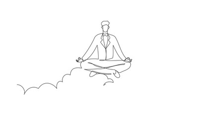 Poster - Self drawing animation of single line draw businessman relaxes and meditates in lotus position on clouds. Peaceful man relaxing with yoga or meditation pose. Continuous line draw. Full length animated