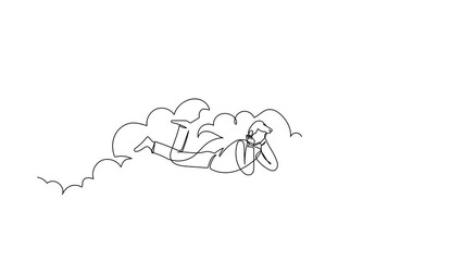 Poster - Animated self drawing of continuous line draw dreamer businessman lay on clouds and dreaming or thinking something about new business. Relaxes man lying on the cloud. Full length one line animation