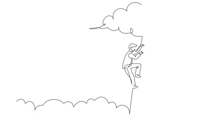 Poster - Self drawing of single one line draw successful businessman climbing up career ladder to cloud. Rising business development. Professional growth promotion. Continuous line draw. Full length animated