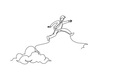 Poster - Animated self drawing of continuous line draw active businessman jump or leap over clouds to reach his success target or flag. Challenge his career path. Taking risk. Full length single line animation