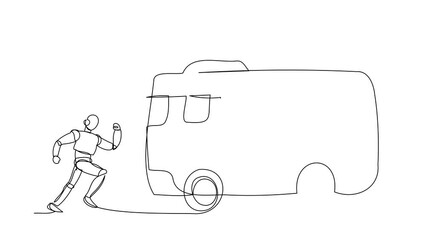 Poster - Self drawing animation of single line draw robot run chasing bus. Tech system analysis in public transportation. Technology development. Artificial intelligence. Continuous line. Full length animated