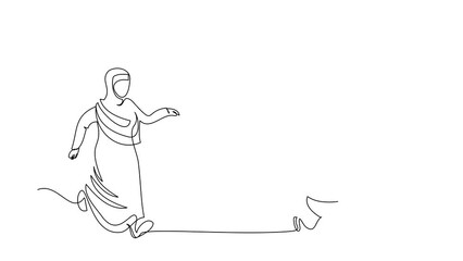 Poster - Animated self drawing of continuous line draw Arab businesswoman run chasing hamburger. Unhealthy fast food, obese stomach. Delicious meal favorite for many people. Full length single line animation