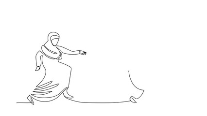 Poster - Self drawing animation of single line draw Arabian businesswoman chasing dartboard target. Sport competition for reach goal. Accuracy aim plan business project. Continuous line. Full length animated