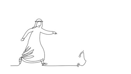 Poster - animated self drawing of continuous line draw arab businessman chasing textbook for education. learn