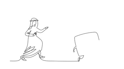 Poster - Animated self drawing of continuous line draw Arab businessman run chasing deposit box. Protect money, coins, gold. Financial security, savings. Business metaphor. Full length single line animation
