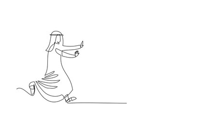 Poster - Self drawing animation of single line draw Arab businessman run chasing smartphone. Communication technology in digital era. Send message, email, chat, text. Continuous line draw. Full length animated