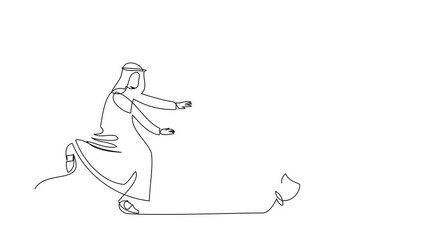 Poster - Animated self drawing of continuous line draw Arab businessman run chasing cup. Drinking and breakfast in the morning. Cappuccino latte for coffee break at office. Full length single line animation