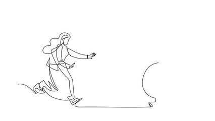 Poster - Animated self drawing of continuous line draw businesswoman run chasing try catch high performance attractive dollar coin. Chasing high performance active mutual fund. Full length one line animation