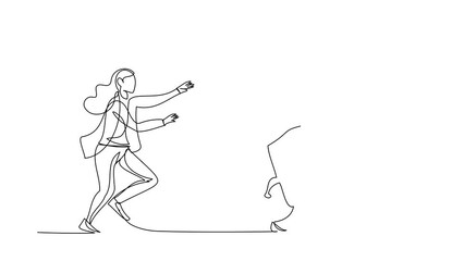 Poster - Animated self drawing of continuous line draw businesswoman run chasing try to catch safe deposit box. Concept of protection, banking, financial. Business metaphor. Full length single line animation