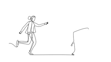Poster - Animated self drawing of continuous line draw businesswoman chasing calculator. Math operations, budget, analytics, data, income, finance. Calculations and economy. Full length single line animation