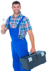 Wall Mural - Smiling male repairman with toolbox and spanner