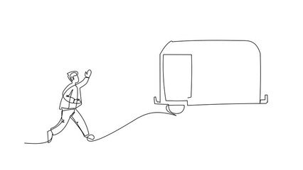 Poster - Animated self drawing of continuous line draw businessman run chasing try to catch train. Hurry running get transportation, public passenger vehicle. Business metaphor. Full length one line animation