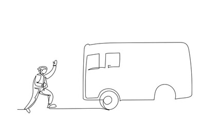 Poster - Animated self drawing of continuous line draw businessman run chasing try to catch bus. Hurry running get transportation, public passenger vehicle. Business metaphor. Full length single line animation
