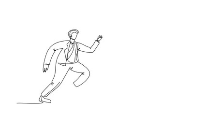 Poster - Animated self drawing of continuous line draw businessman run chasing try to catch hourglass. Concept of stress, burnout, deadlines, depression. Business metaphor. Full length one line animation