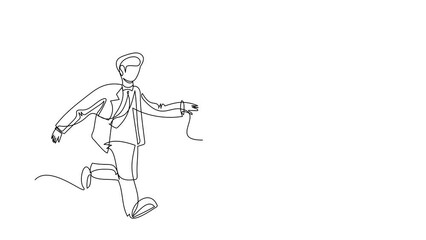 Poster - Animated self drawing of single continuous line draw businessman run chasing try to catch tasty fast food hamburger. Junk food, unhealthy, overweight. Business metaphor. Full length one line animation