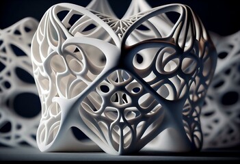 White abstract model printed on 3d printer from powder close-up. 3D prototype created by 3d printing technology. Multi Jet Fusion MJF. Concept new modern hi-technology 3d printing,. Generative AI