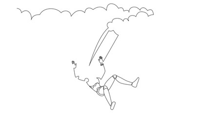 Poster - Animated self drawing of continuous line draw robot falling from cloud and sky. Failure and defeat. Humanoid robot cybernetic organism. Future robotic development. Full length single line animation