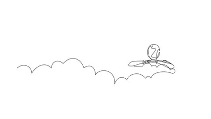 Poster - Self drawing animation of single line draw robot hang in clouds. Hoping for success. Future technology development. Artificial intelligence and machine learning. Continuous line. Full length animated