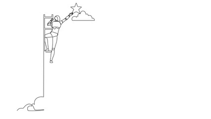 Poster - Animated self drawing of continuous line draw robot standing on stairs and reaching star on the sky. Humanoid robot cybernetic organism. Future robotic development. Full length single line animation