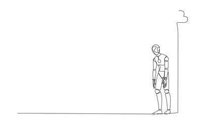 Poster - Animated self drawing of continuous line draw unhappy depressed sad robot in stress walking under rain cloud. Robotic artificial intelligence. Electronic technology. Full length one line animation