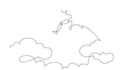 Poster - Self drawing animation of single one line draw fearless robot make risk by jump over clouds to reach his success. Future technology. Artificial intelligence. Continuous line draw. Full length animated