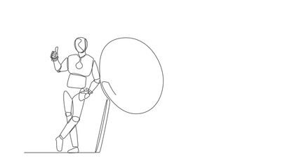 Poster - Animated self drawing of continuous one line draw robot standing leaning at target with thumbs up. Humanoid robot cybernetic organism. Future robotics development. Full length single line animation