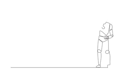 Poster - Animated self drawing of continuous line draw robot standing on peak of cliff targeting arrow to dartboard. Robotic artificial intelligence. Electronic technology. Full length one line animation