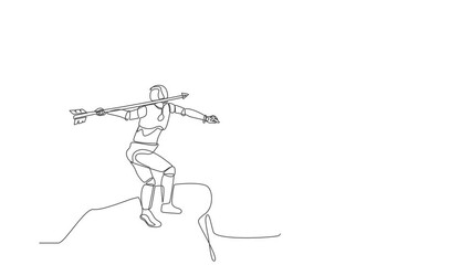 Poster - Animated self drawing of continuous line draw robot standing on peak of cliff targeting arrow to dartboard. Robotic artificial intelligence. Electronic technology. Full length one line animation