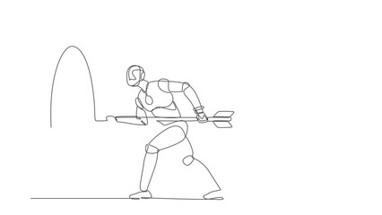 Poster - Animated self drawing of continuous line draw robot hold arrow in hand to target, achievement goal. Robotic artificial intelligence. Electronic technology industry. Full length one line animation