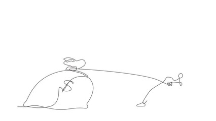 Poster - Animated self drawing of continuous line draw robot struggling to pull big bag of money because it is too heavy. Humanoid robot cybernetic organism. Future robotic. Full length single line animation